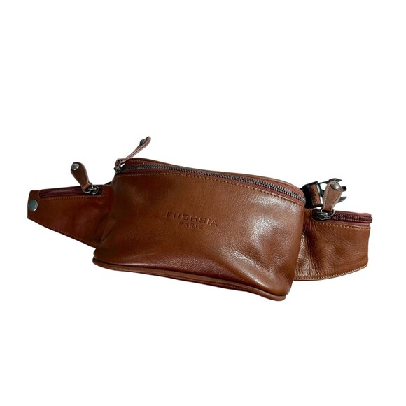 Fuchsia Paris Cognac Brown Leather Cowhide Belt Bag with Side Zip Pockets - Picture 1 of 10